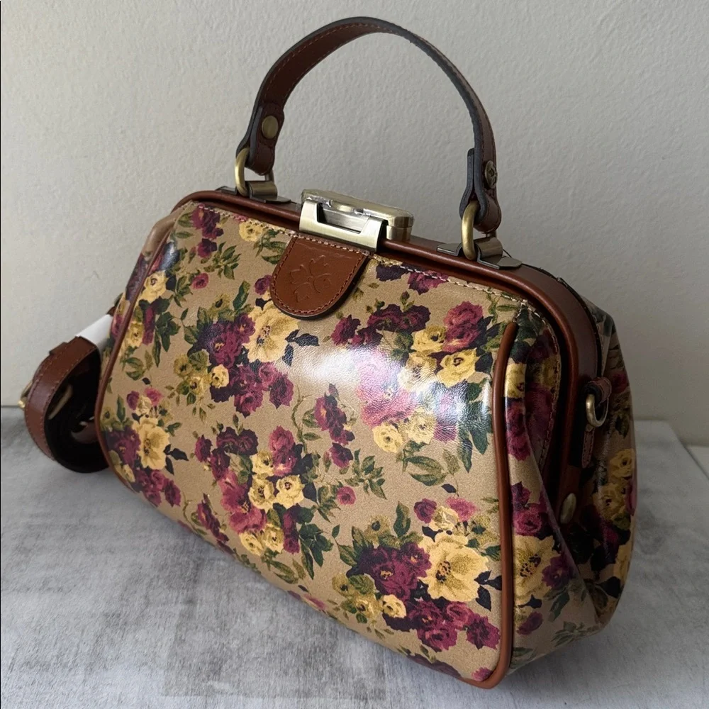 Patricia Nash Gracchi Antique Rose Tan Framed Leather Satchel Xbody Floral
